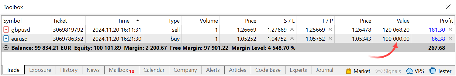The value of positions, orders and trades is now displayed in the account deposit currency The value of positions, orders and trades is now displayed in the account deposit currency